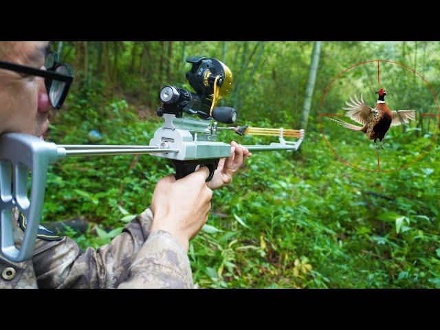 Slingshot rifle hunted a pheasant with fishing wheel and dart for the first time.