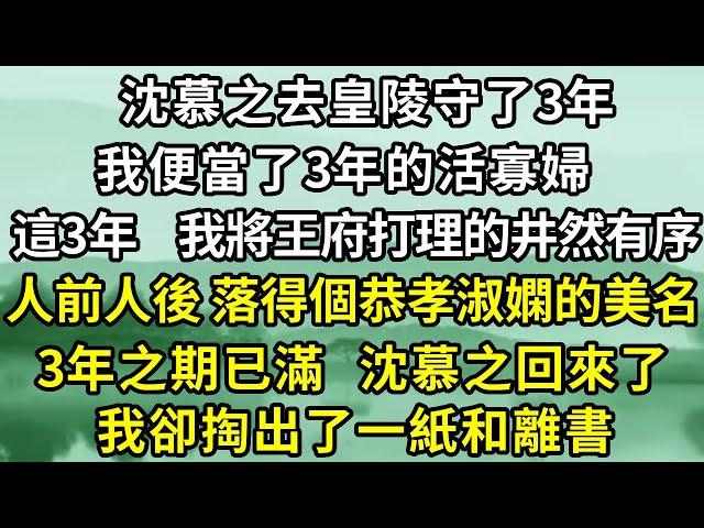 沈慕之去皇陵守了三年，我便當了三年的活寡婦。這三年，我將王府上下事務打理的井然有序。人前人後，落得個恭孝淑嫻的美名。三年之期已滿，沈慕之回來了。所有人都說，我苦盡甘來了。我卻掏出了一紙和離書