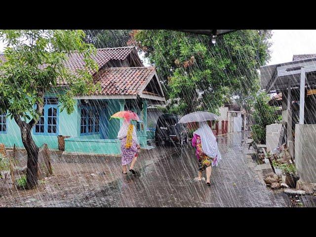 Walking in heavy rain hit Indonesia's countryside, rain sounds for relaxation and sleeping, 3 hours