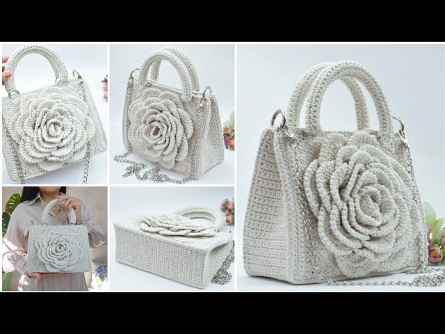 Video lesson on how to crochet a rectangular bag with a round flower Save it for your collection