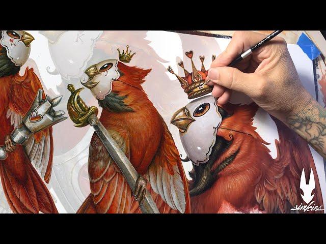 Greg "CRAOLA" Simkins painting 3 heart suit birds for deck of cards