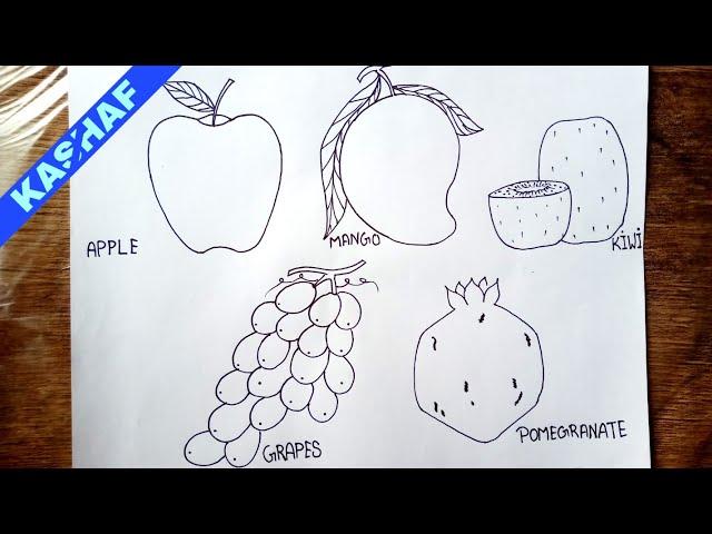 FIVE FRUITS DRAWING | APPLE, MANGO, KIWI, GRAPES & POMEGRANATE Drawing Easy | Kashaf fruits drawing