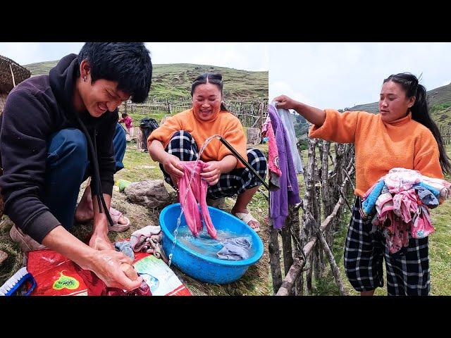 Happy Couple washing clothes || Cleaning day in upper shelter@pastorallifeofnepal