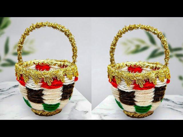 Make a flower basket from wool thread | Vase idea from a paper cup and wool threads | Recycling