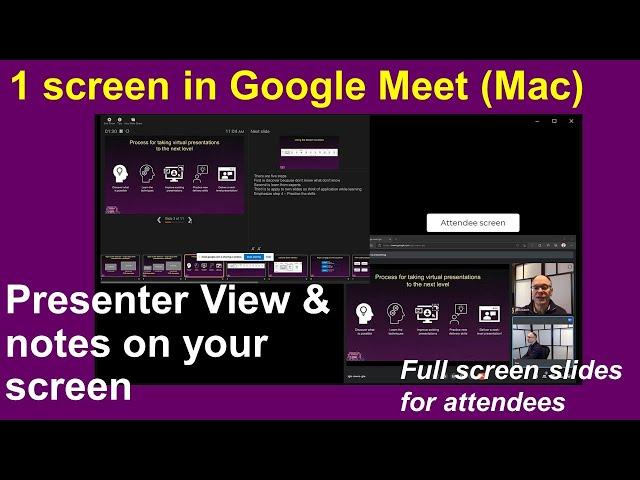 1 screen in Meet on Mac: you see notes in Presenter View; audience sees full screen slides