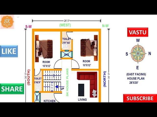 VASTU EAST FACING HOUSE PLAN 26' X 30' / 780 SQ.FT / 87 SQ.YDS / 73 SQ.M / 87 GAJ / WITH INTERIOR