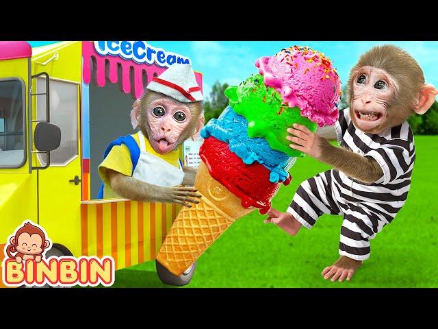 Monkey Binbin Take Rainbow Ice Cream Truck and Swims in the Pool with Funny Animal | MONO BINBIN ESP