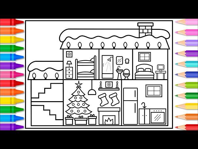 How to Draw a Christmas House with Decorations ️️Christmas Drawing and Coloring Pages for Kids