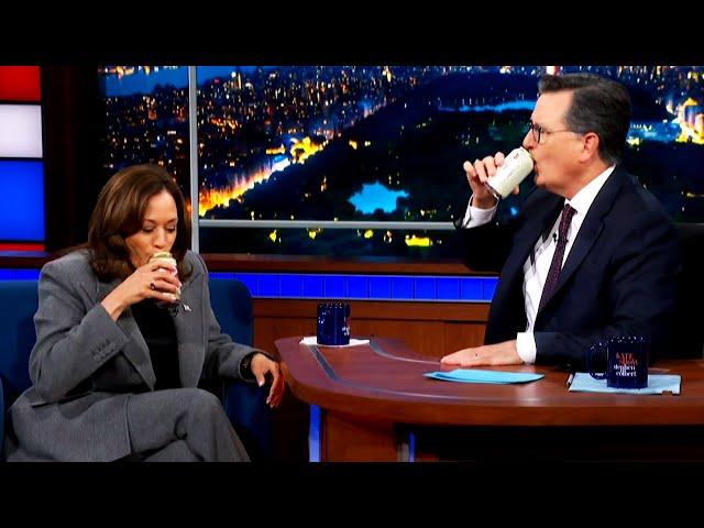 Kamala Harris Has a Beer With Stephen Colbert