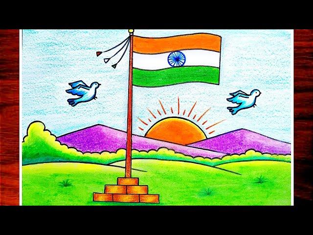 How To Draw Indian National Flag|Independence Day Scenery Drawing|Har Ghar Tiranga Drawing Easy