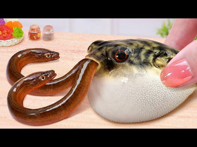 Survival Skills Fishing Miniature Hot Japanese Puffer Fish and Eel Fish Fry  By Tina Mini Cooking