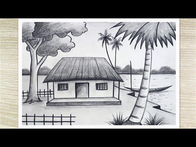 Village landscape Scenery Art, House Scenery Drawing, Pencil Drawing