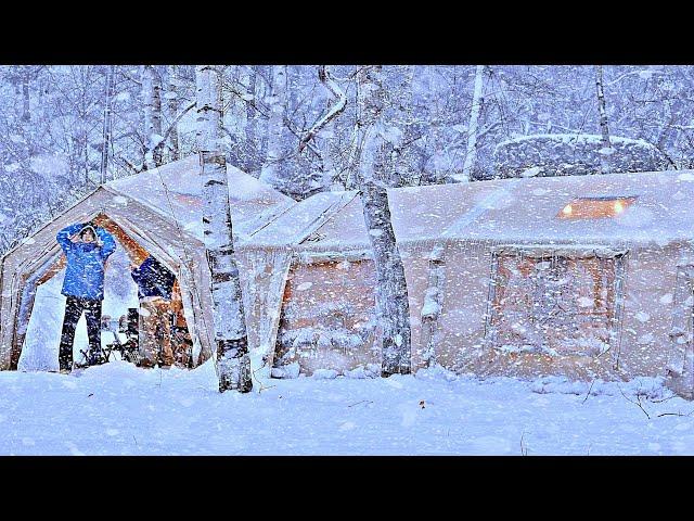 HEAVY SNOW ️ BIG AIR TENT CAMPING, WITH HOT STOVE. Firewood and snow sound ASMR