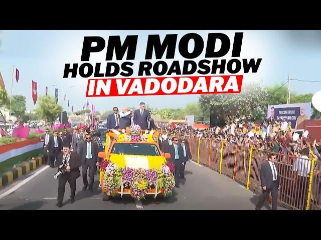 PM Narendra Modi, along with Spanish President Pedro Sanchez holds roadshow in Vadodara, Gujarat