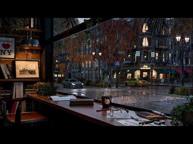 New York Autumn Coffee Shop Ambience ️ / Rain and Distant Thunder Sounds for Study and Relaxation