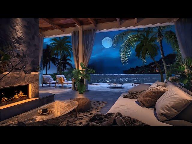 Ocean Front Villa | Night Ambience | Calm Beach Waves & Crackling Fire Sound, Crickets Conversation