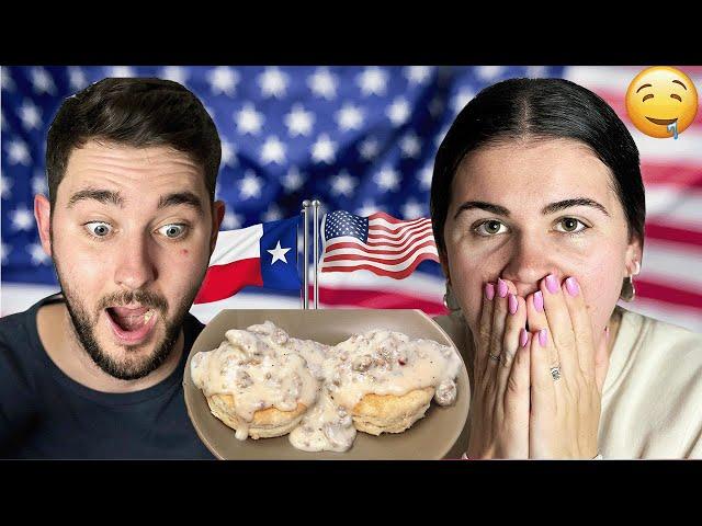 Brits try Biscuits & Gravy in America for the first time!