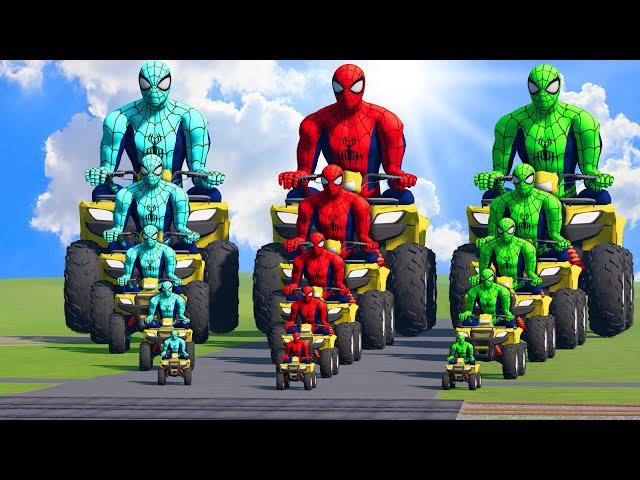 Big & Small: Red Spider-man vs Green Spiderman vs Blue Spiderman on a Quad Bike vs Thomas the Train