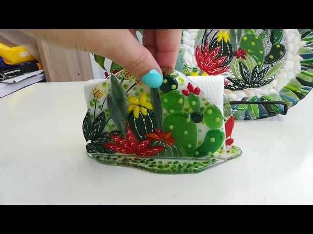 Napkin holder with succulents - Home decor with cactus glass - fused glass art