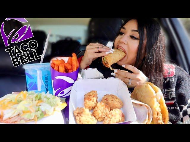 EATING TACO BELL NEW CHICKEN NUGGETS, CHEESE NACHO FRIES, TOSTADA, MEXIMELT MUKBANG!