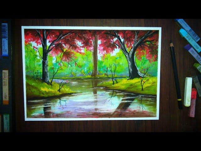 Draw Colourful Landscape with (realistic) water reflection for beginners - Soft Pastel Drawing.