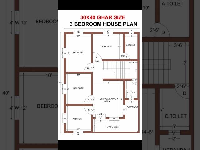 30x40 House Plans | 30'x40' Home Plan | 1200 sq.ft House Design | 3 Bedroom Home Design | 30 By 40