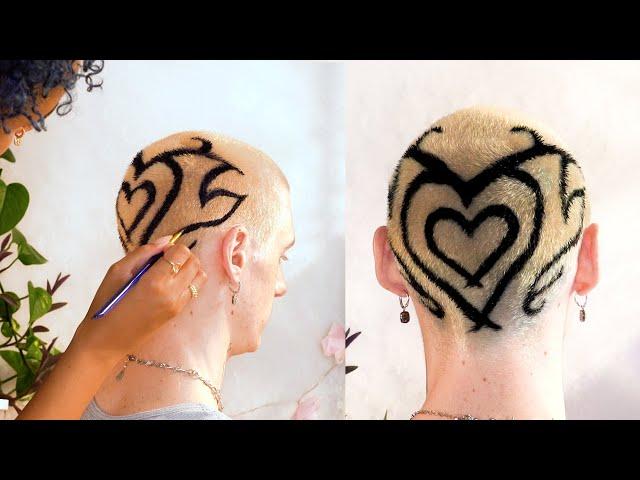 Bleaching Buzzing and Dyeing My Boyfriend's Head | Tattoo Style Buzzed Hair Dye Tutorial