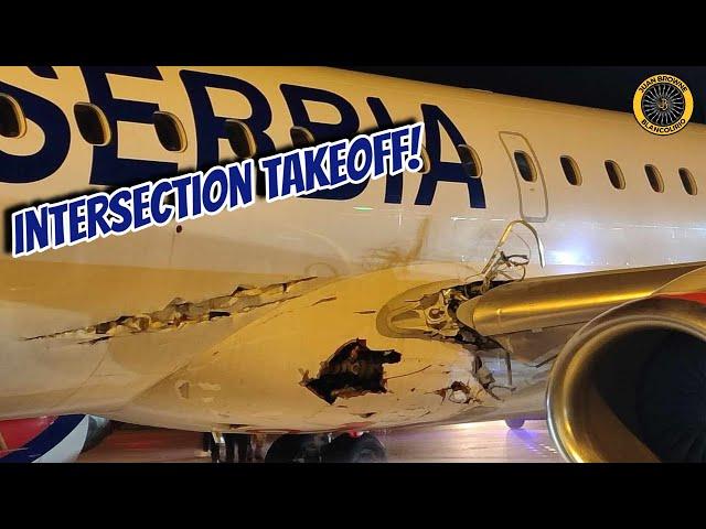 Marathon Airlines E-195 Serbia Intersection Takeoff/Eclipse Jet Towbar. 19 Feb 24