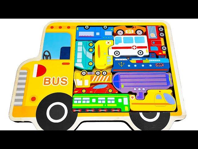 Vehicles Puzzle: Learn Fire Truck, Train, Bus + ABC & Numbers | Preschool Toddler Toy Learning Video