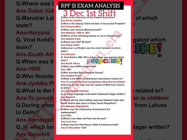 RPF SI EXAM ANALYSIS|3 Dec 1st Shift| RPF SI paper analysis today#rpfsi2024#rpfsi#shorts#gkgs#gk