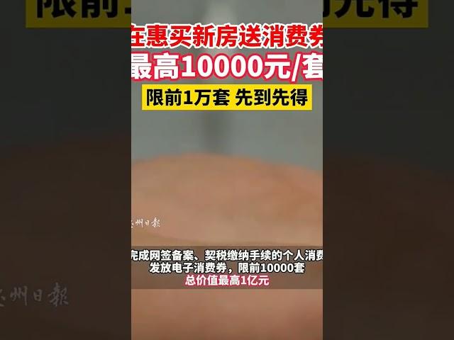 惠州發放購房消費券：2024 年 5-10 月購買新房，前 10000 套發放電子消費券。總價 100 萬元以下的，發放 5000 元電子消費券；100 萬元以上的，發放 10000 元電子消費券