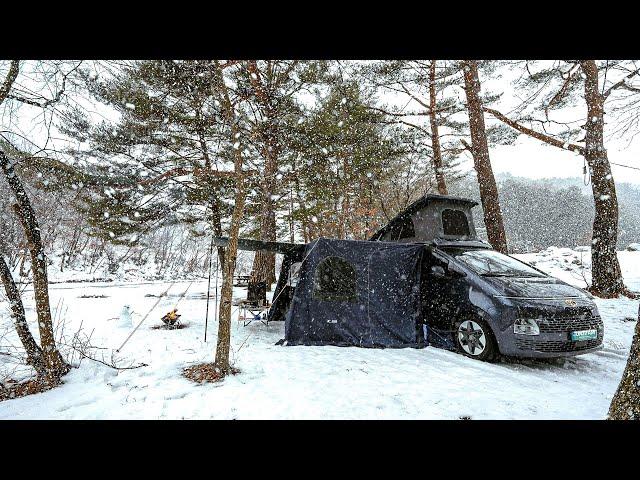 Camping in a snow-covered valley [Warm winter camping with a cart tent] winter camping in korea