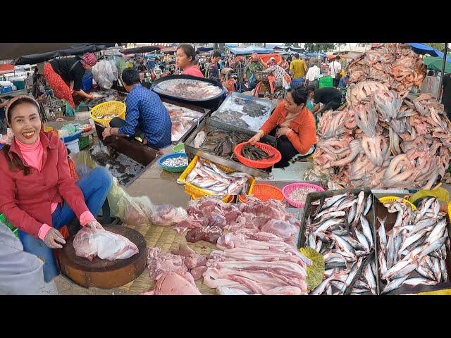 Delicious Fresh Fish, Dried Fish Seafood, Vegetables - Cambodian Market Food Tour Early Morning