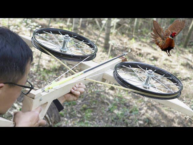 Pheasant Hunting With a Homemade Big Slingshot Crossbow Made of Wood,Bicycle Wheels,and Rubber Band.