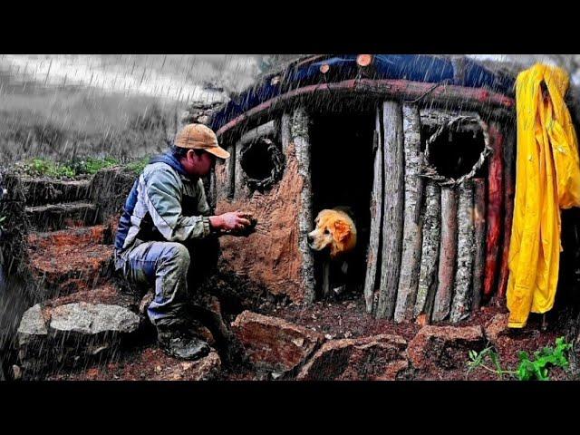 Camping in the rain. Dog rescue in the mountains. Building survival shelter.  Bushcraft