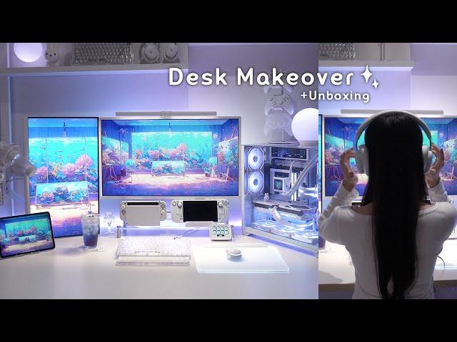 Desk setup투명한 물빛의 화이트 책상 꾸미기 | 데스크테리어, 데스크셋업 | 데스커 컴퓨터 책상 2.0 리뷰