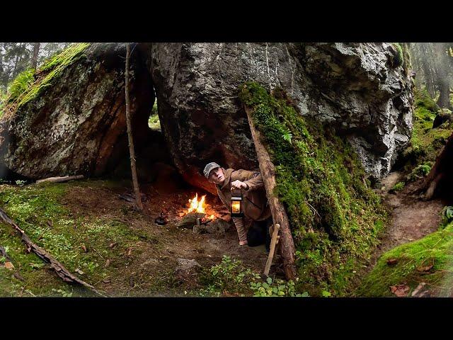 Building a SHELTER under a giant ROCK during HEAVY RAIN! | Cooking on HOT Stone