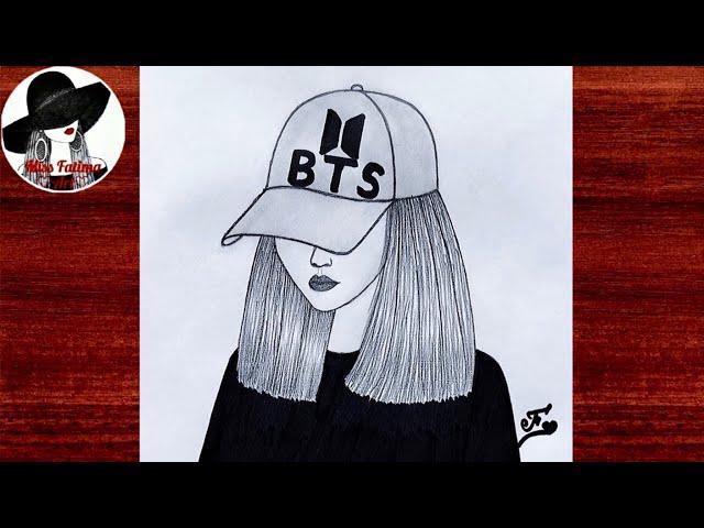 Easy BTS Drawing | How to draw a girl with BTS cap | BTS girl drawing