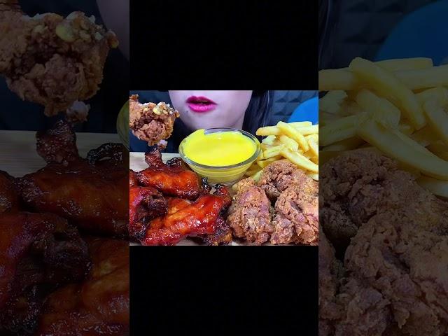 MUKBANG ASMR FRIED CHICKEN, BBQ, FRENCH FRIES AND CHEESE SAUCE EATING SOUNDS