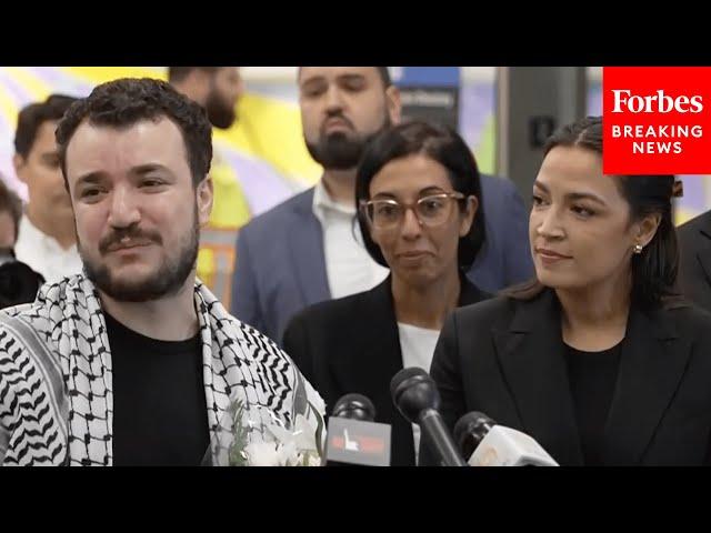 BREAKING: Mahmoud Khalil Holds Press Gaggle With AOC After Being Released From Immigration Detention