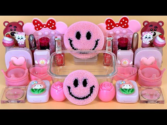 PINK SMILE SLIME 🩷 Mixing pink Makeup Glitter and Beads into Clear Slime. ASMR Slime triggers.