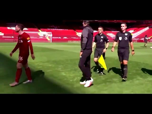 Liverpool defender Andrew Robertson slamming the Referee David Coote