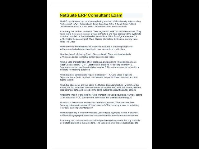 NetSuite ERP Consultant Exam  150 Questions with 100% Correct Answers