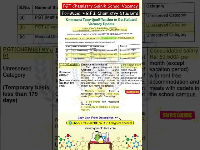 PGT Chemistry Vacancy in Sainik School | New PGT Chemistry Vacancy