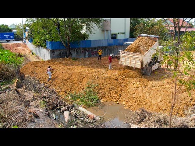 Great Project Land Filling Up By Operator Top Level Bulldozer Push Soil and Dump Truck in Processing