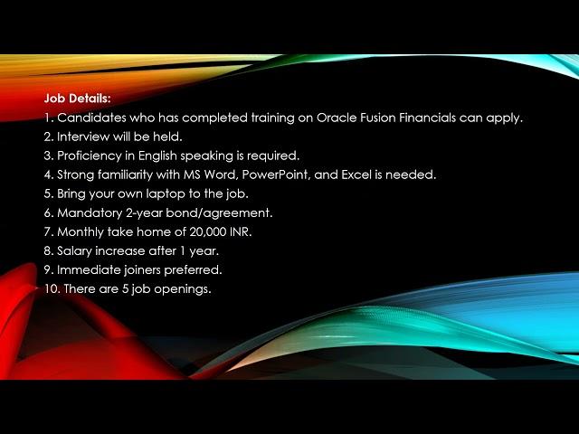 Hiring Oracle Fusion Financials Trained Freshers | Per month 20000 INR Take Home