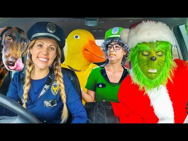 Police Surprises Rubber Ducky, Puppy, Funny Gorilla, and Grinch with Car Ride Chase!