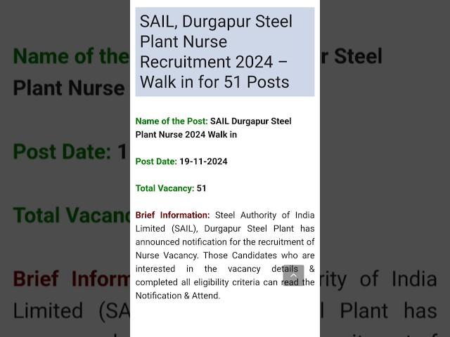 SAIL, Durgapur SteelPlant NurseRecruitment 2024Walk in for 51 Posts