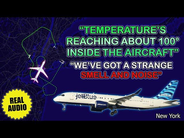 100 degrees in the aircraft, strange smell and noise. JetBlue A220 diverts to JFK. Real ATC