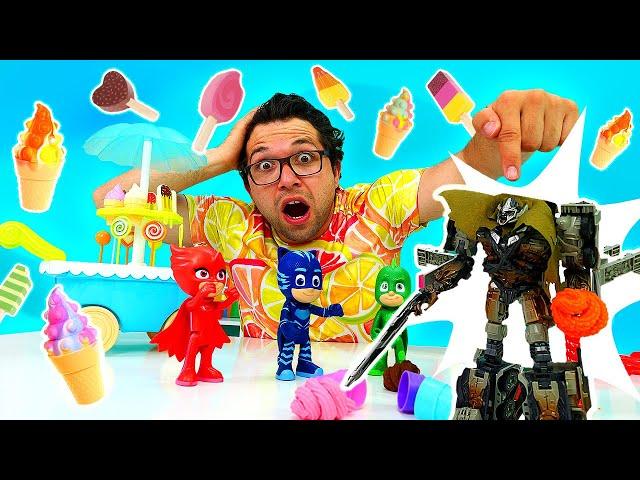 PJ Masks Oyuncakları ile Çocuk videoları! Play Doh dondurma savaşı. Erkek çocuklar için